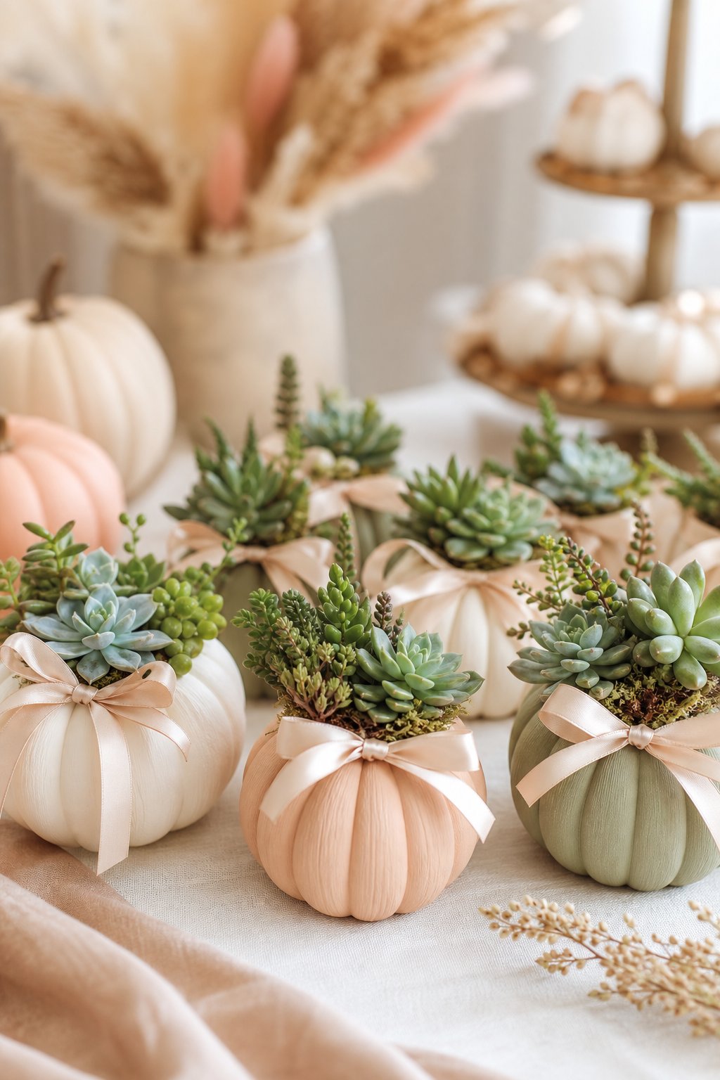 Mini pumpkin-shaped succulent favors arranged on a softly decorated baby shower table.
