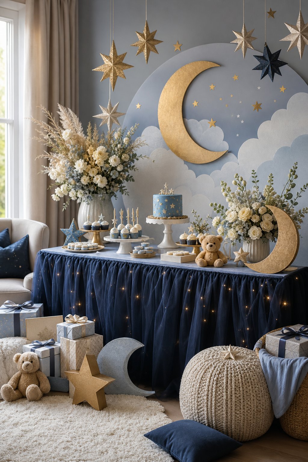 A decorated baby shower table with moon, star, cloud, and blue-and-cream nursery-themed details.