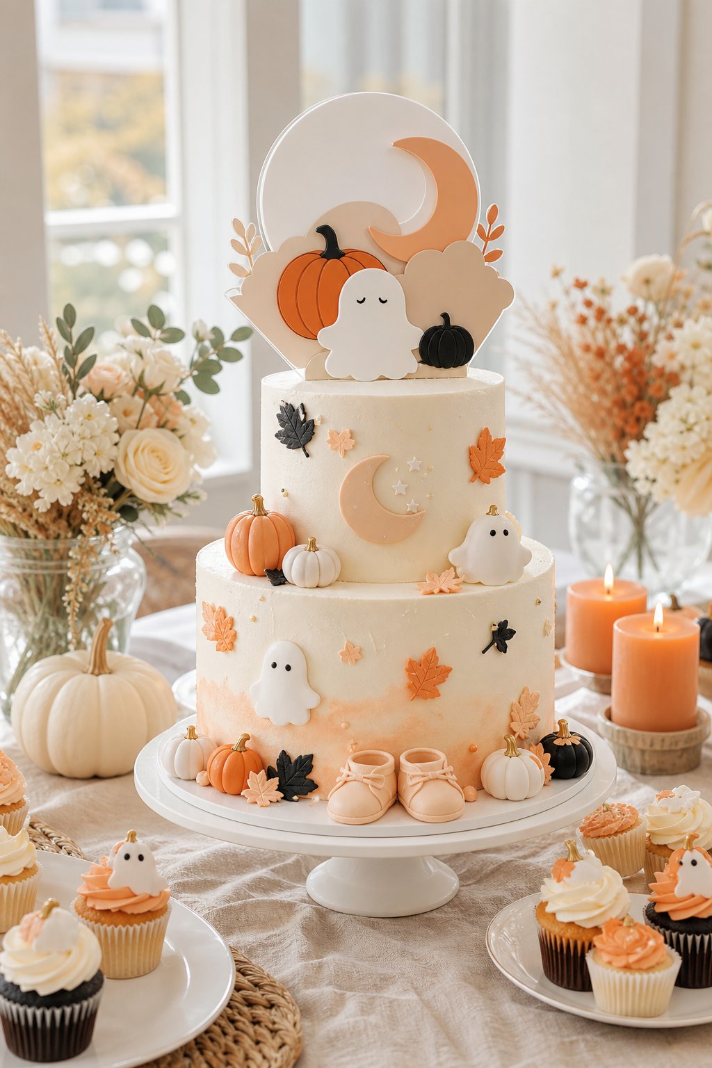 A decorated Halloween-themed baby shower cake with an unlettered pumpkin-and-ghost cake topper on a seasonal dessert table.