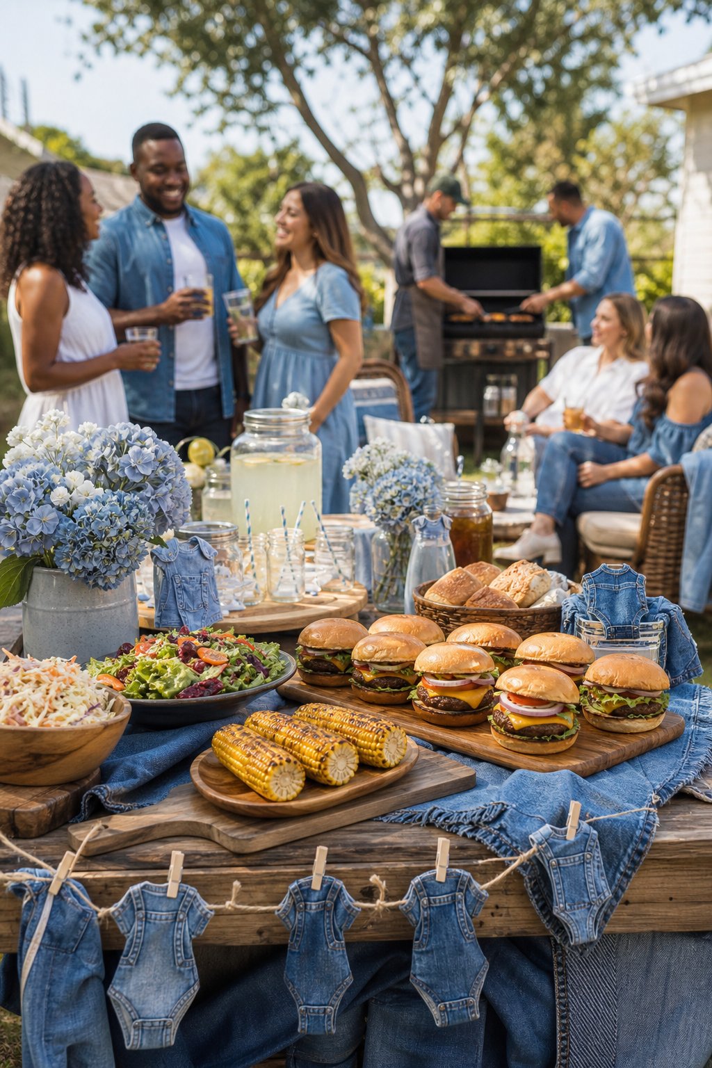 Guests enjoy a blue-themed baby shower barbecue in a sunny backyard.
