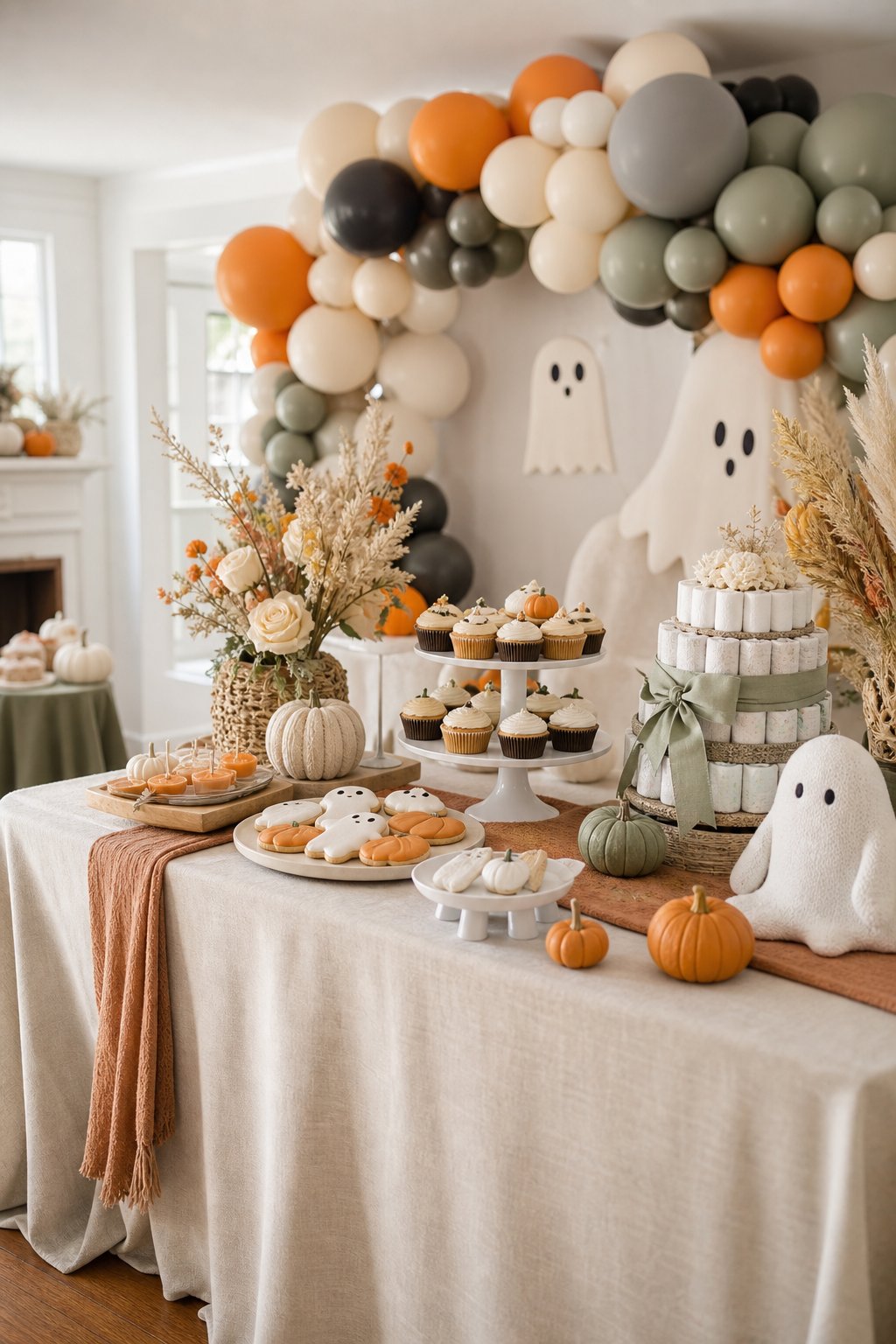 A coordinated Halloween-themed baby shower table with pumpkins, ghost decorations, autumn flowers, desserts, and baby gifts.