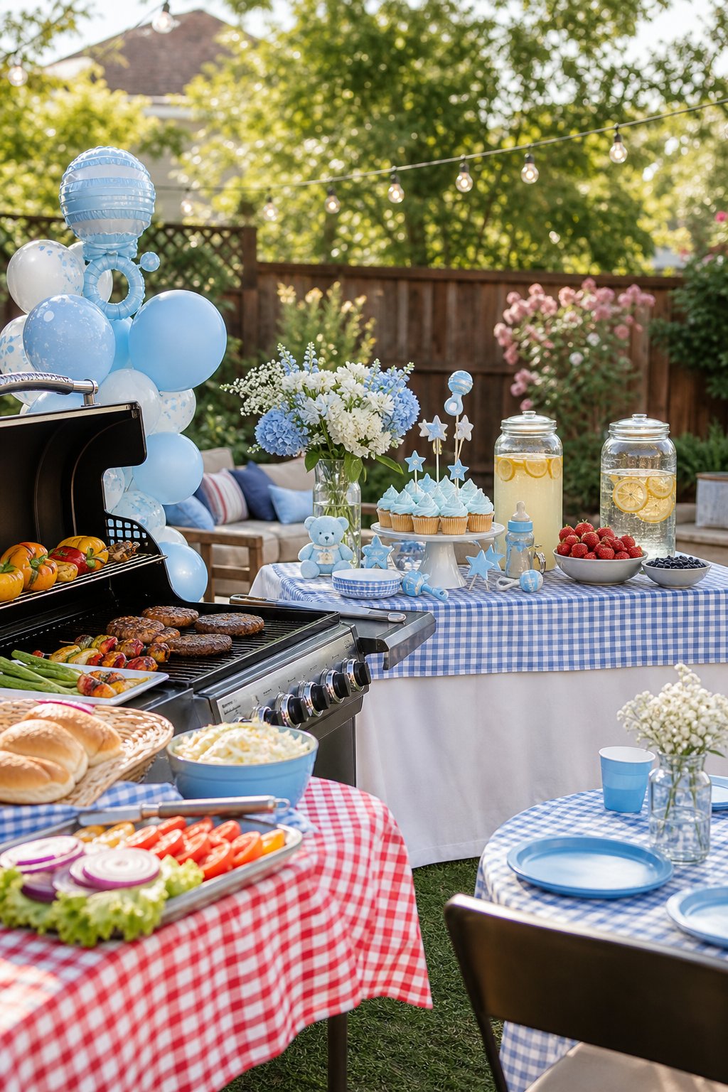 A decorated backyard barbecue party setup for a baby boy shower.