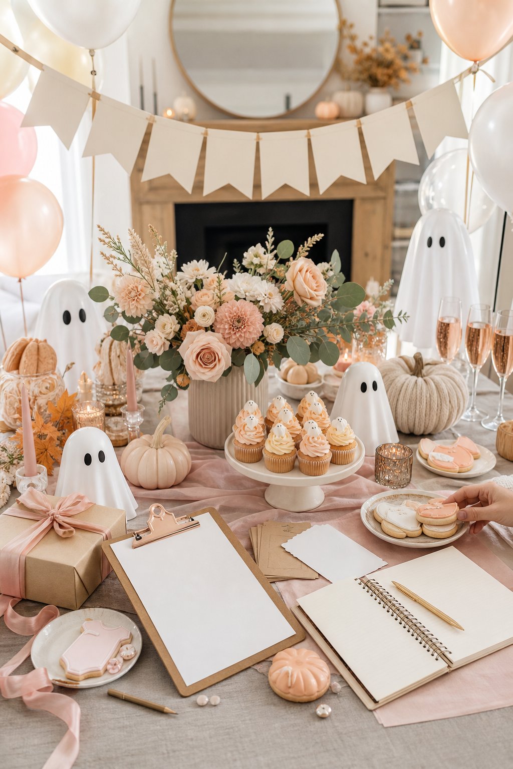 A festive Halloween-themed baby shower table with pumpkins, baby decorations, desserts, and blank planning cards.