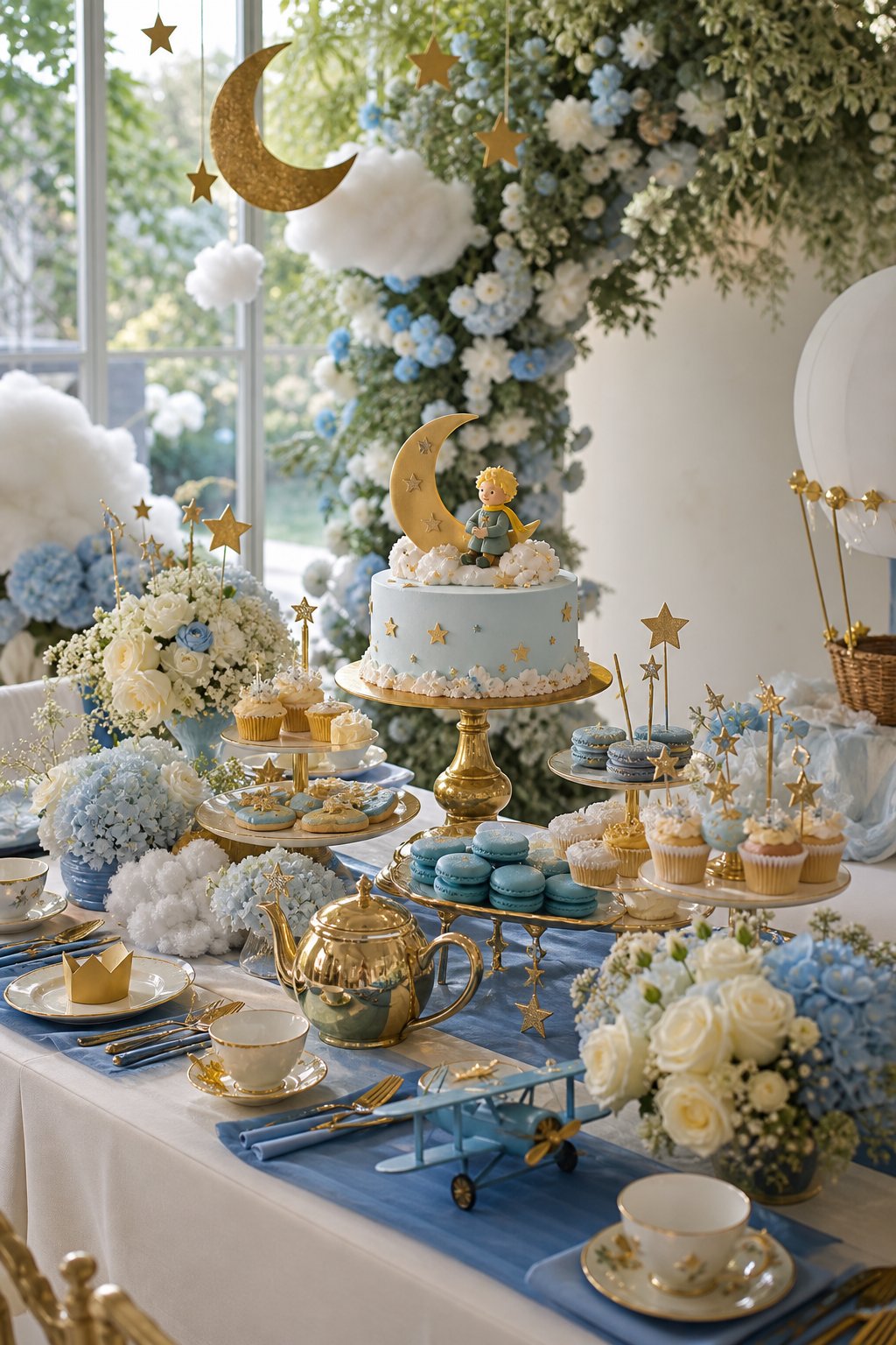 A Little Prince-themed baby shower tea table decorated with blue and gold accents, pastries, teacups, flowers, stars, and a crescent moon.