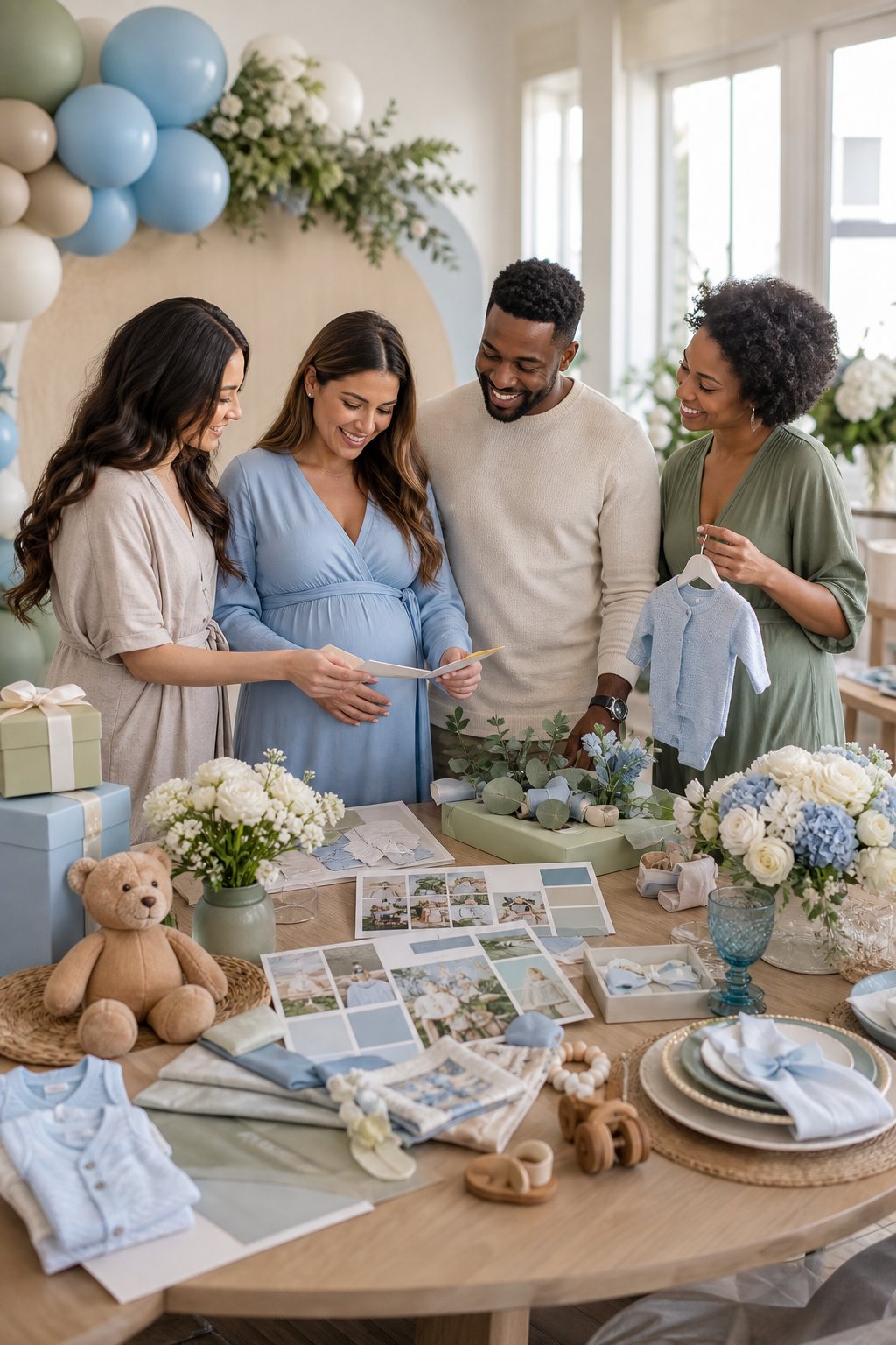 Friends and expectant parents compare pastel baby shower decorations and theme ideas around a decorated planning table.