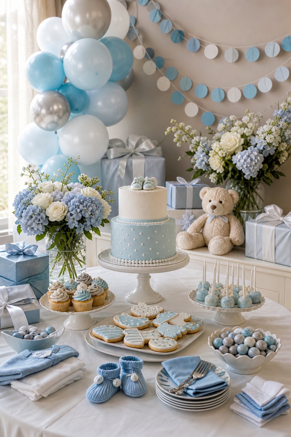 A blue and white baby shower table decorated with balloons, flowers, desserts, gifts, and baby items.