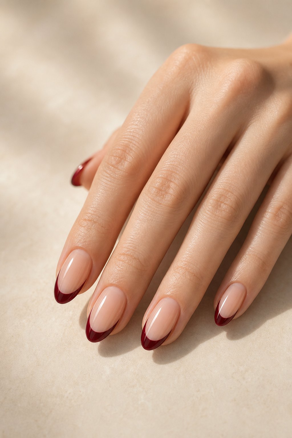 A hand with almond-shaped nails featuring sheer nude polish and dark red French tips.