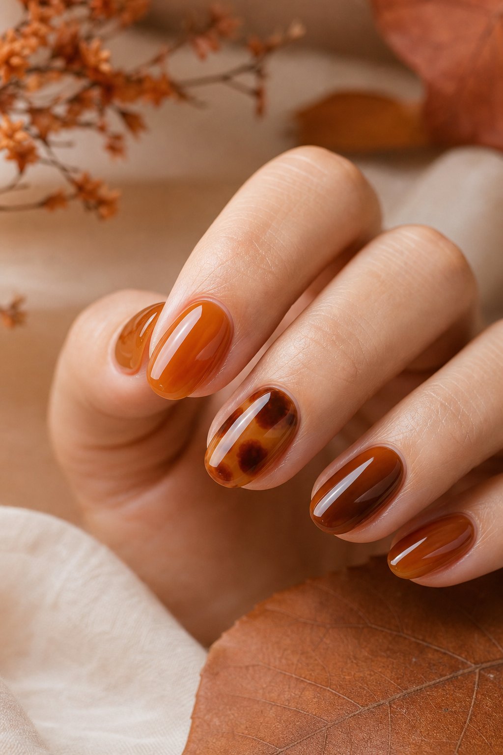 A hand displaying glossy caramel nails with tortoiseshell accent nails.