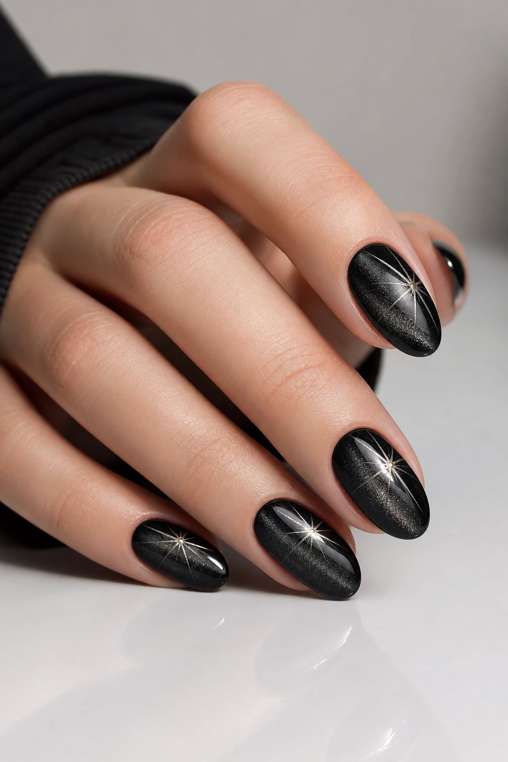 A hand displays glossy black cat-eye nails decorated with chrome starbursts.