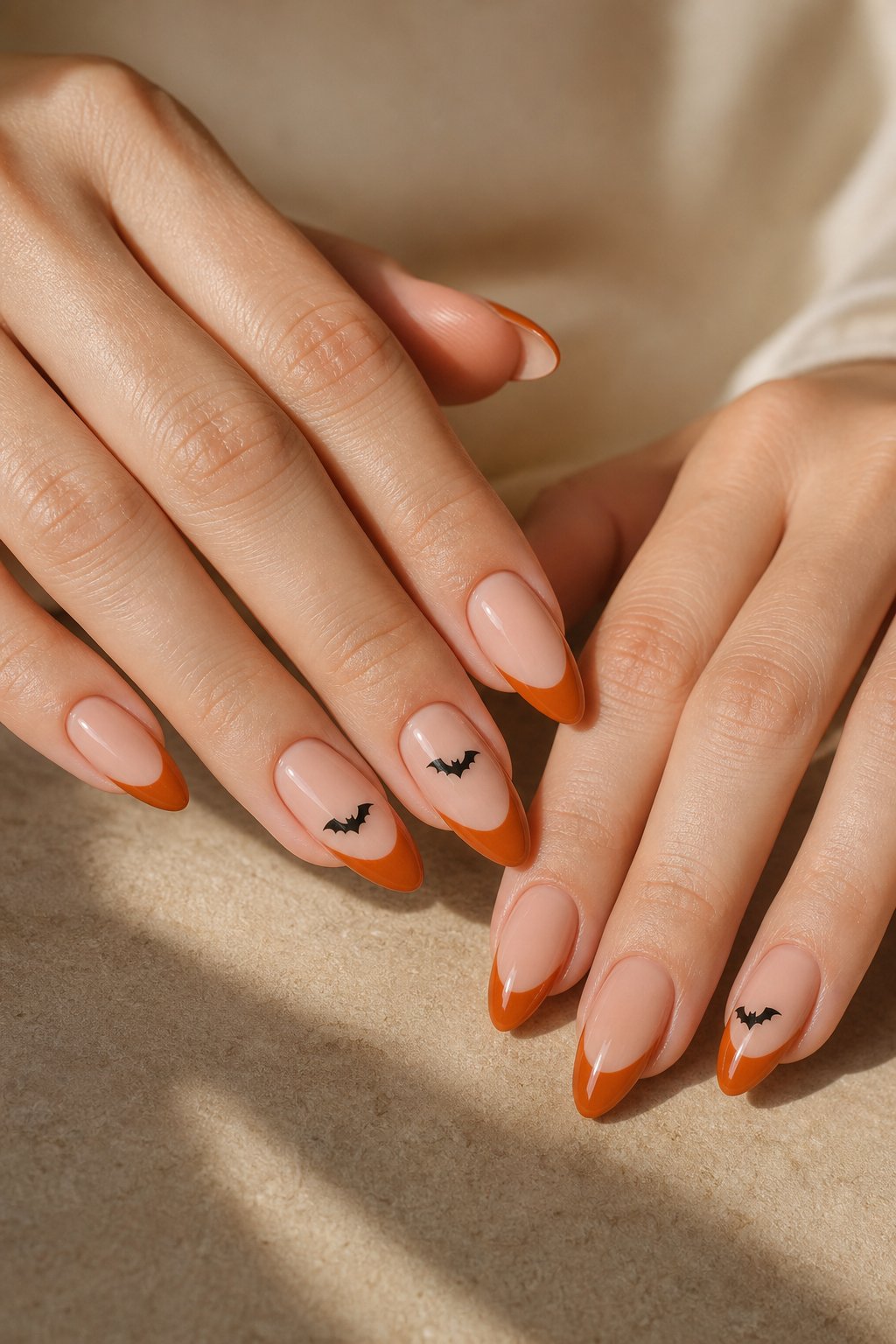 A close-up of manicured nails with burnt-orange French tips and tiny black bat designs.
