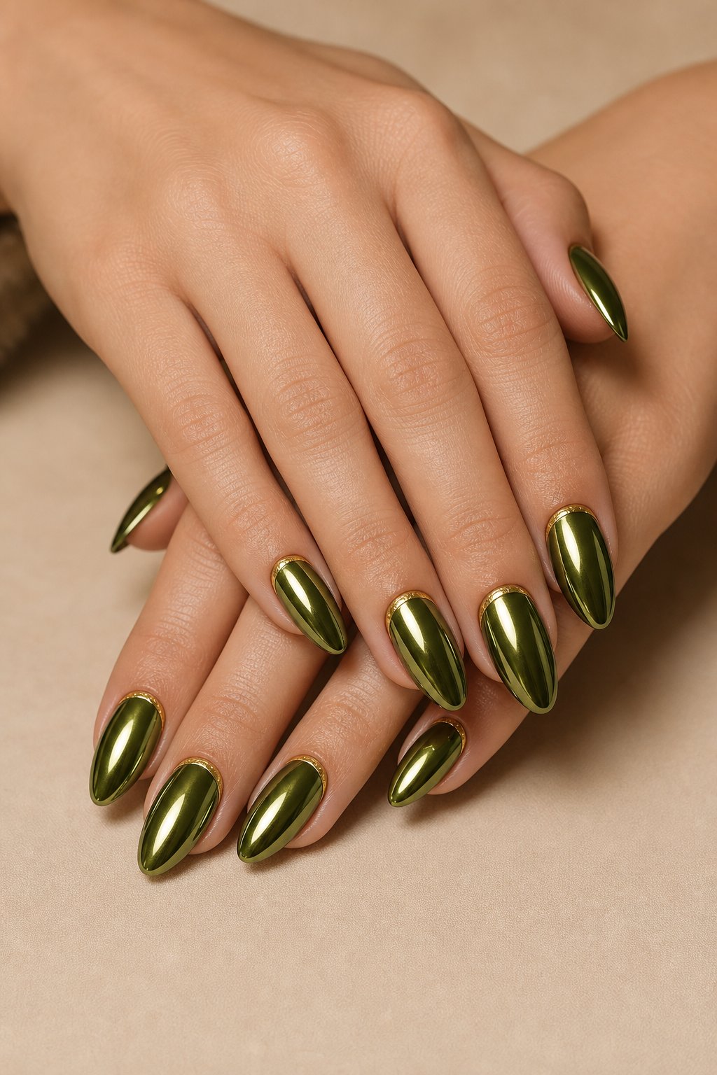 Hands displaying olive green chrome nails with delicate gold details around the cuticles.