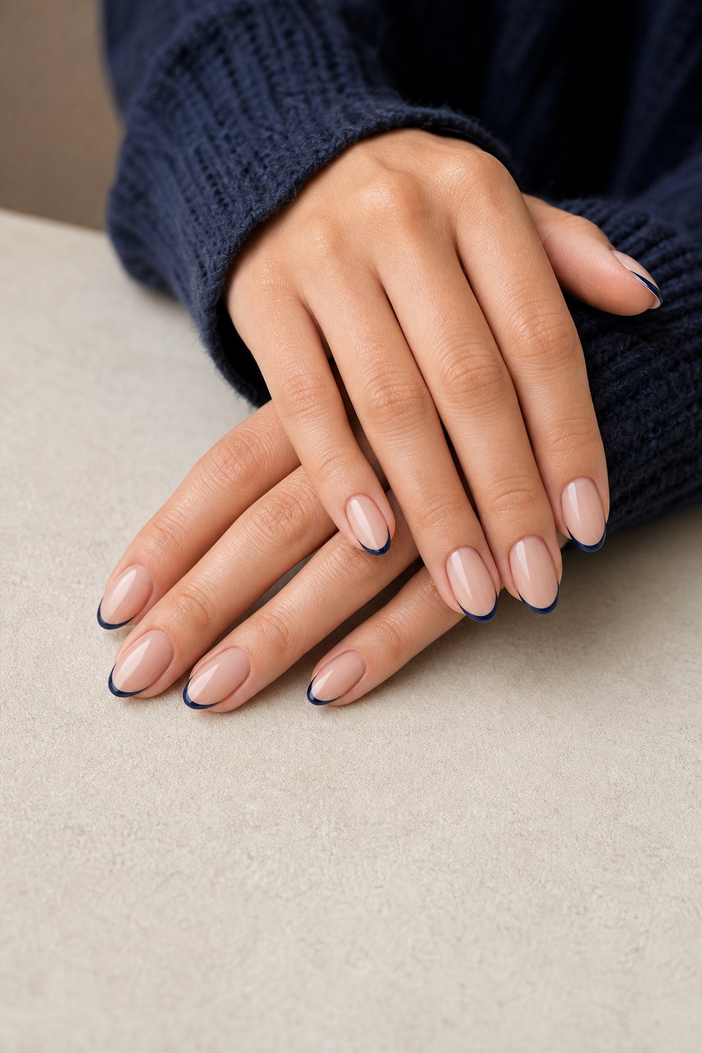A close-up of manicured hands with sheer nails and thin navy blue tips resting on a neutral surface.
