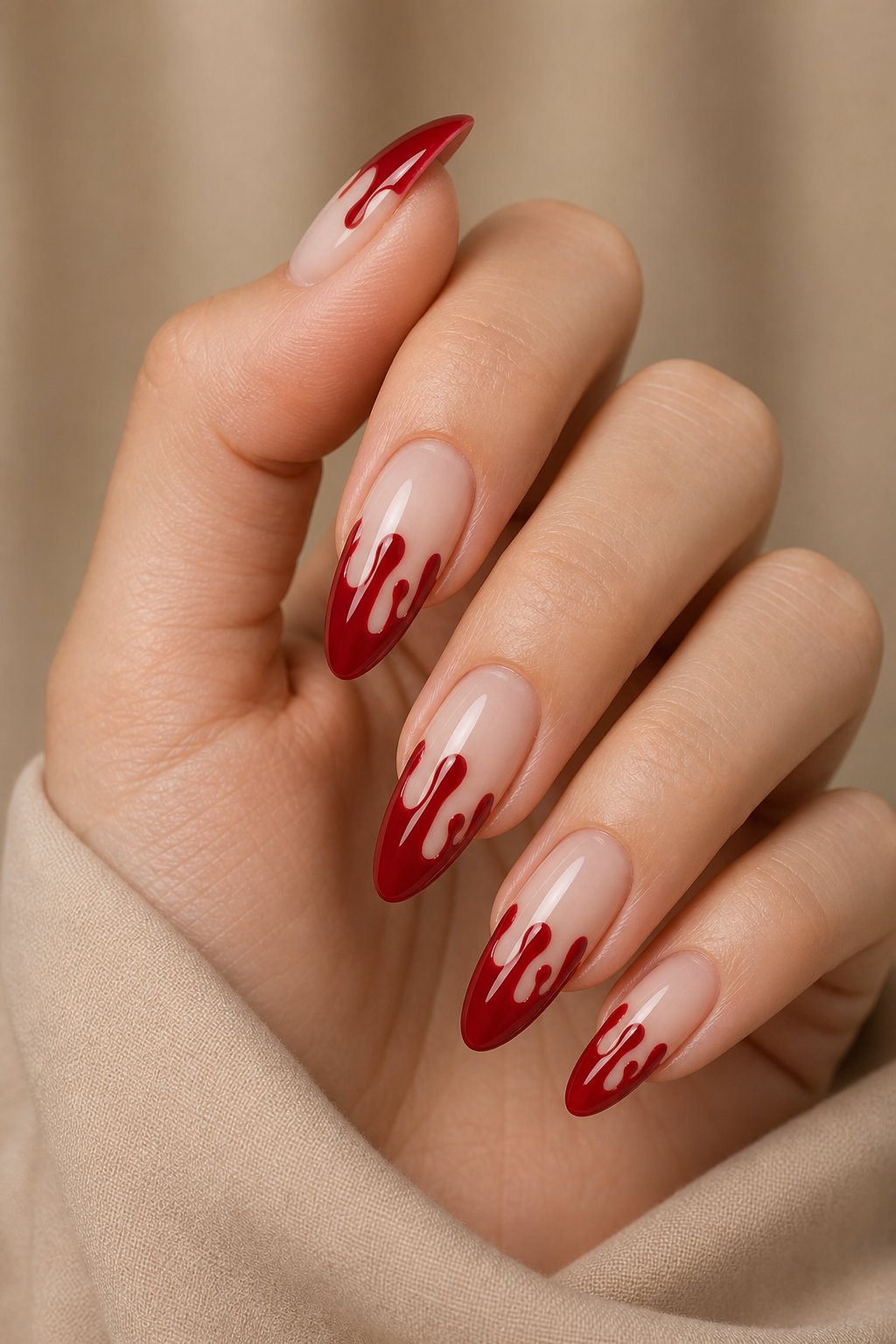 A hand with milky nude almond-shaped nails decorated with glossy blood-red drip designs.
