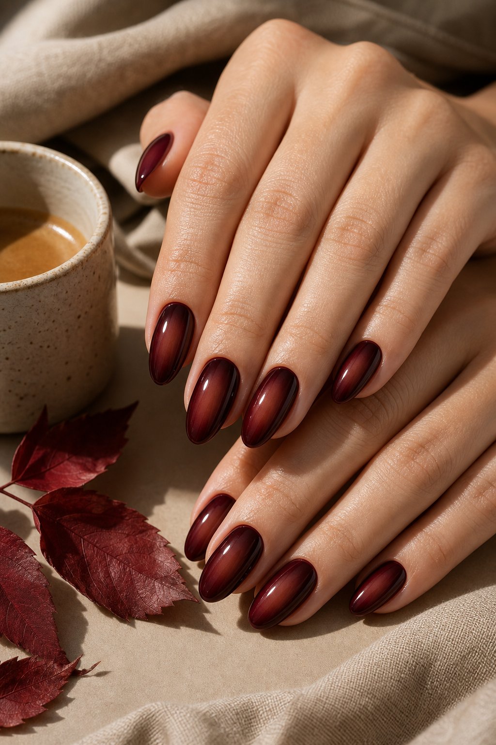 A hand displays glossy burgundy and mocha gradient almond-shaped nails beside autumn leaves and a coffee cup.