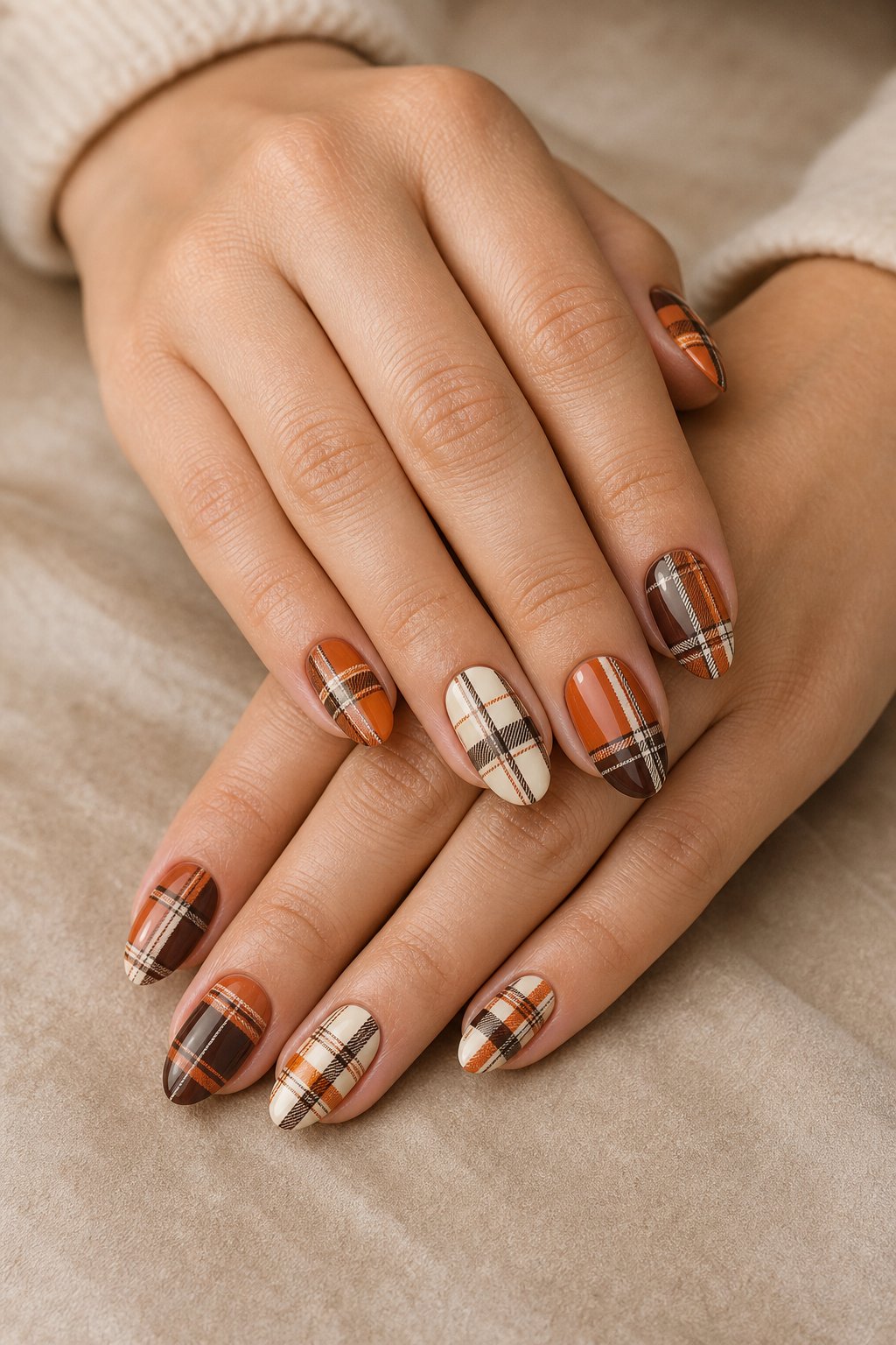 Close-up of manicured hands with rust, cream, and espresso brown plaid nails.