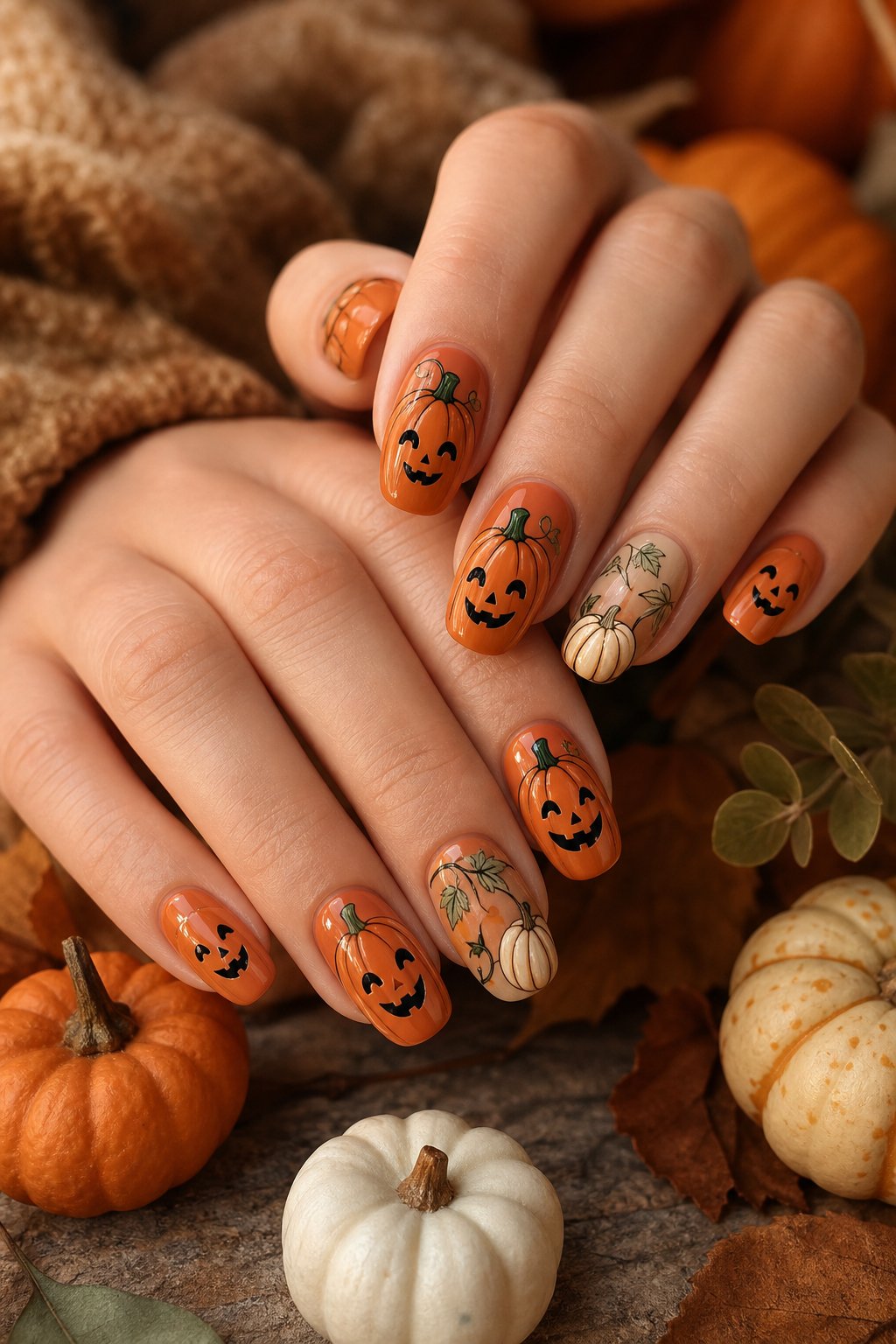 A close-up of manicured nails painted with orange pumpkin designs and jack-o'-lantern faces.
