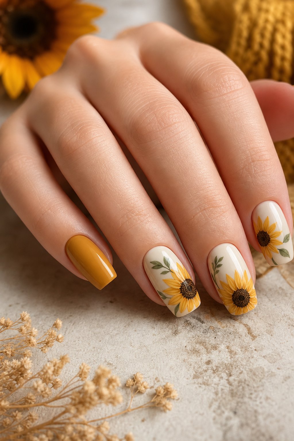 A hand with neatly manicured nails decorated with mustard-yellow sunflower designs.