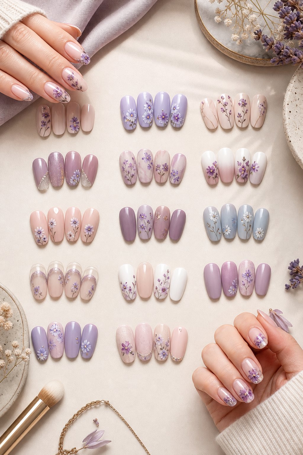 Fifteen floral manicure designs featuring purple and pastel aster-inspired nail art arranged on a neutral background.