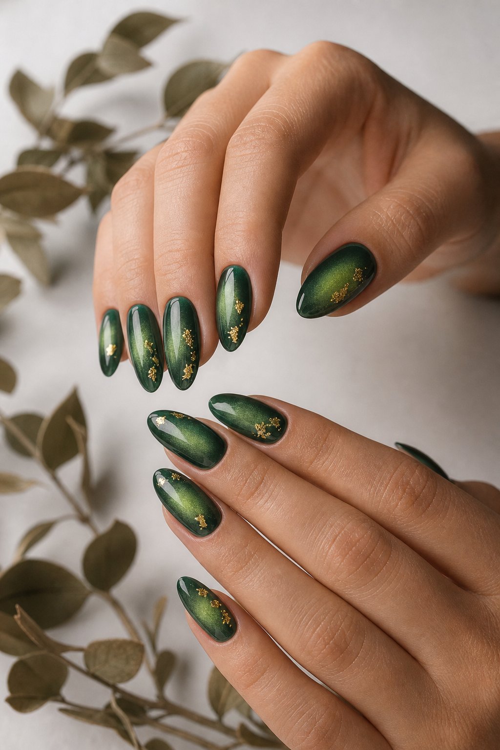 Close-up of a hand with forest green nails decorated with small gold flecks.