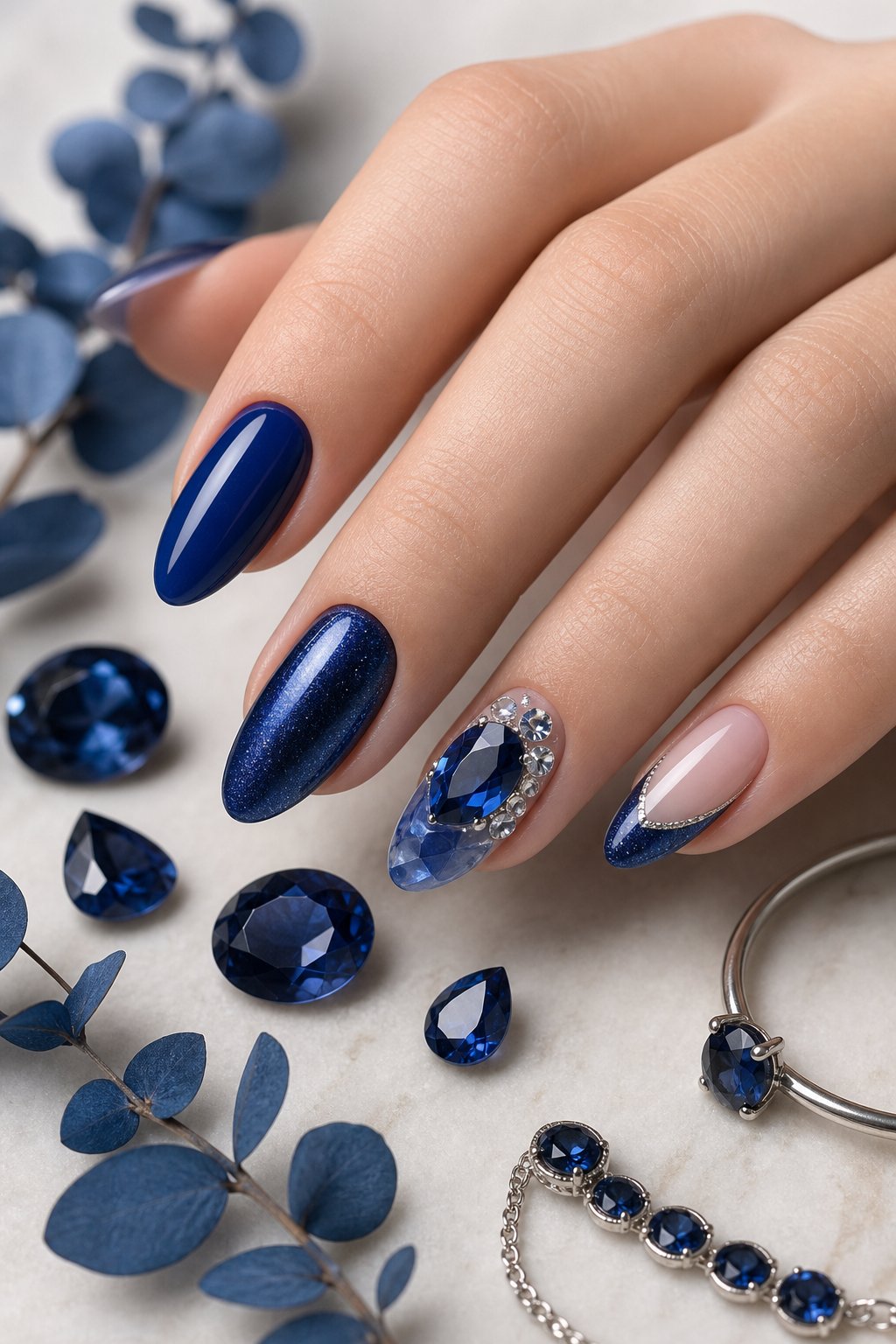 A hand displays fifteen elegant sapphire-blue gemstone-inspired nail designs beside blue gemstones and delicate botanical accents.