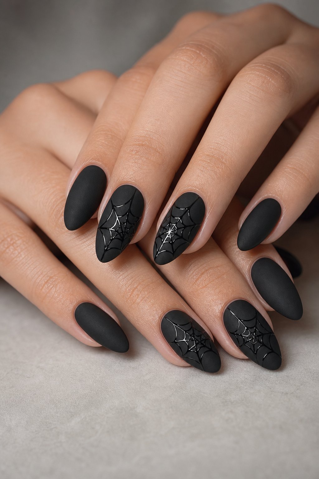 Close-up of a hand with matte black nails decorated with glossy spiderweb designs.