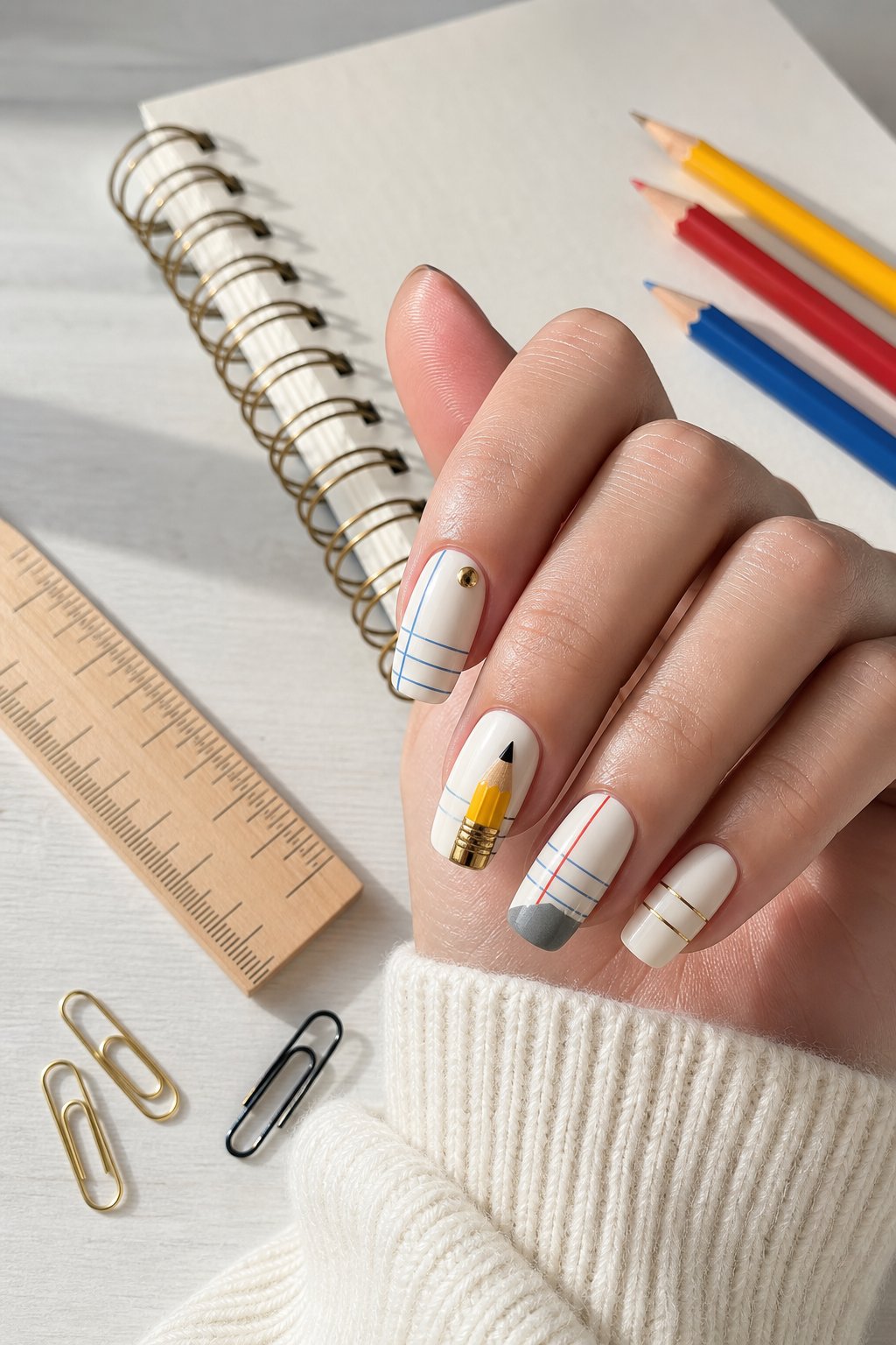 A hand with pencil and notebook-inspired nail art rests beside a blank notebook and colored pencils.