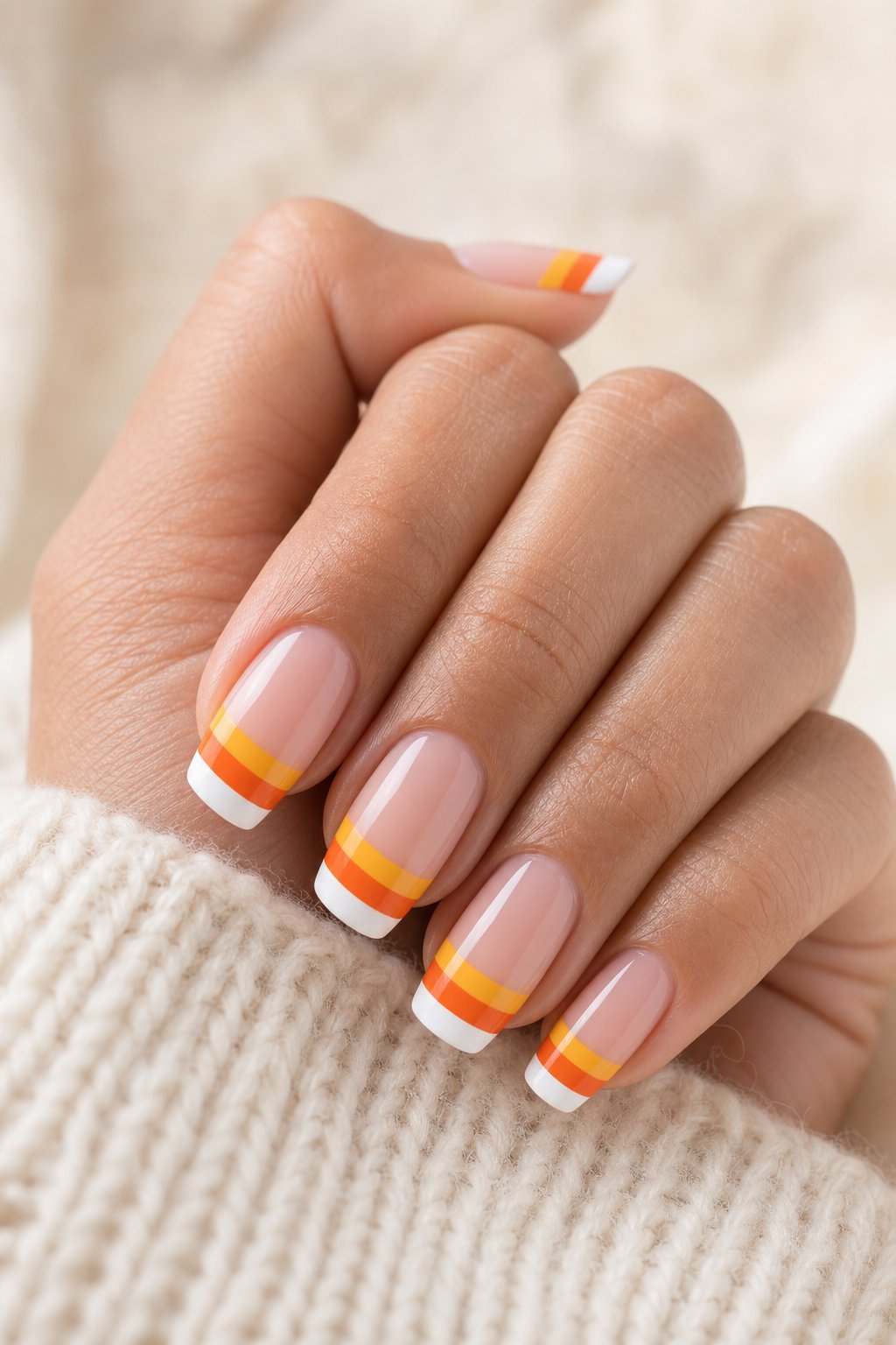 A hand with glossy candy corn-colored French tip nails in white, orange, and yellow.