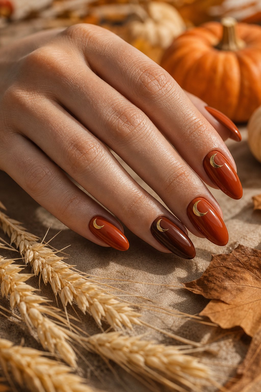 A hand with warm autumn-colored nails decorated with metallic gold crescent moons rests among seasonal leaves and wheat.