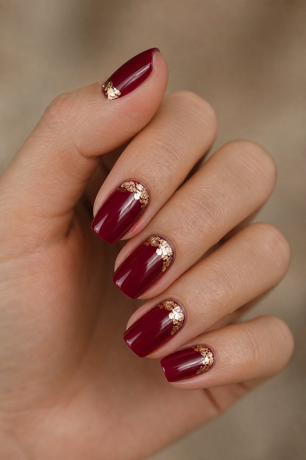 A manicured hand with glossy cranberry-red nails and delicate gold accents around the cuticles.