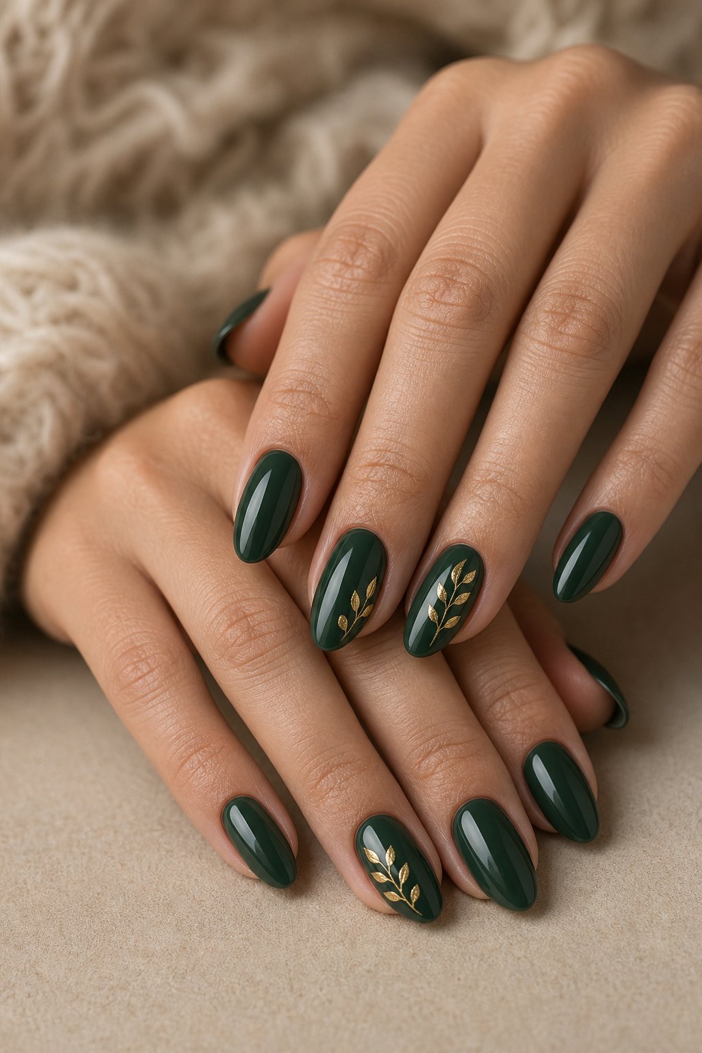 A hand with deep forest green nails decorated with tiny gold leaf accents rests on a neutral surface.