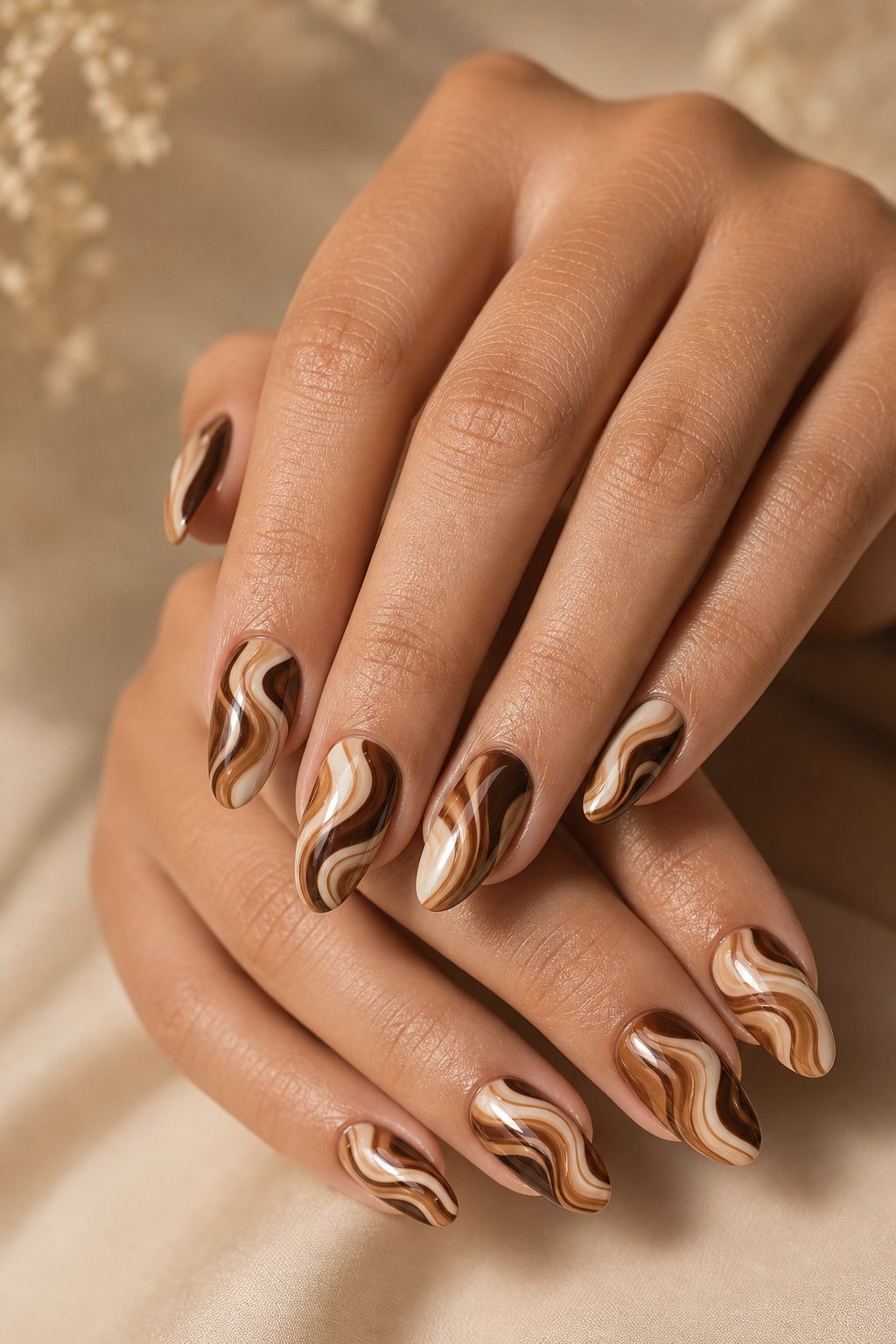 A hand with glossy almond-shaped nails decorated with mocha, cream, and caramel swirl patterns.