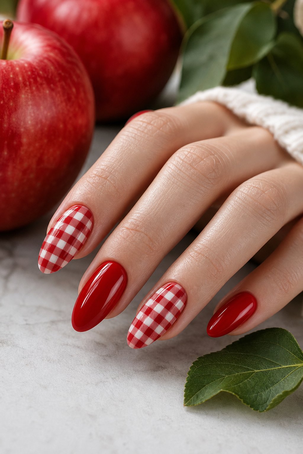 A hand with glossy red nails and red-and-white gingham accent nails beside fresh apples.