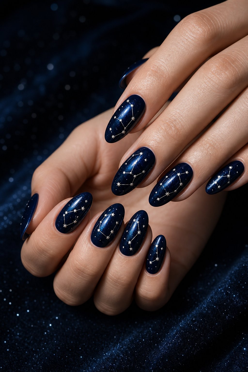 Close-up of a hand with glossy navy nails decorated with silver constellation designs.