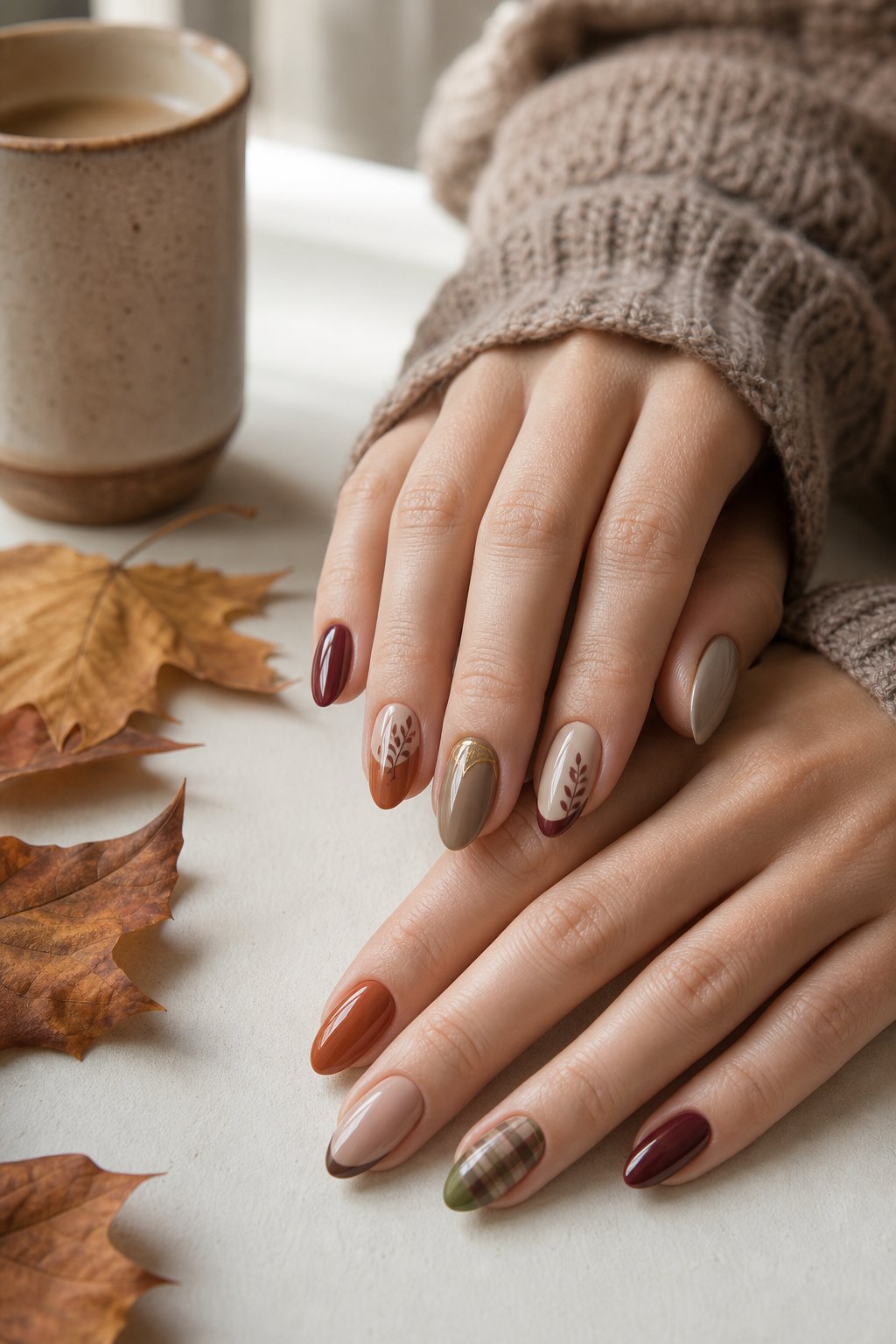 Hands display a coordinated September-themed manicure beside autumn leaves and neutral seasonal accessories.