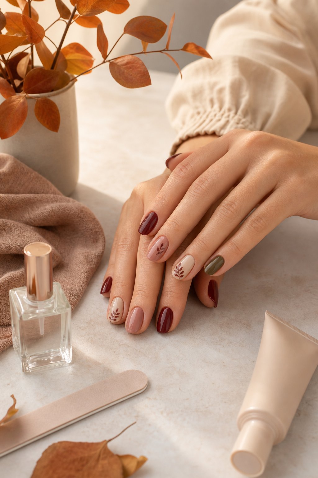 A woman's manicured hands rest beside nail-care products and dried autumn leaves.