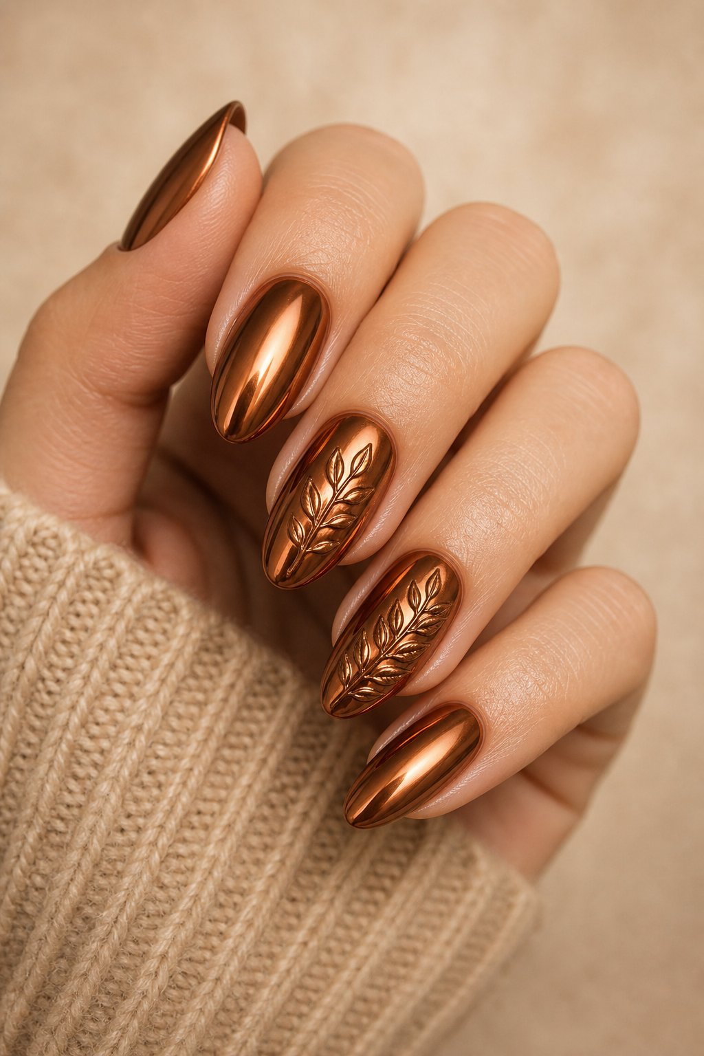 A hand with metallic copper nails decorated with raised leaf designs.