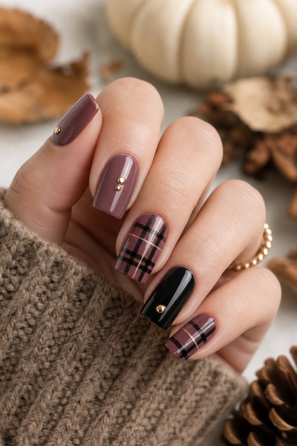 A manicured hand displaying mauve and black plaid nails decorated with small gold studs.