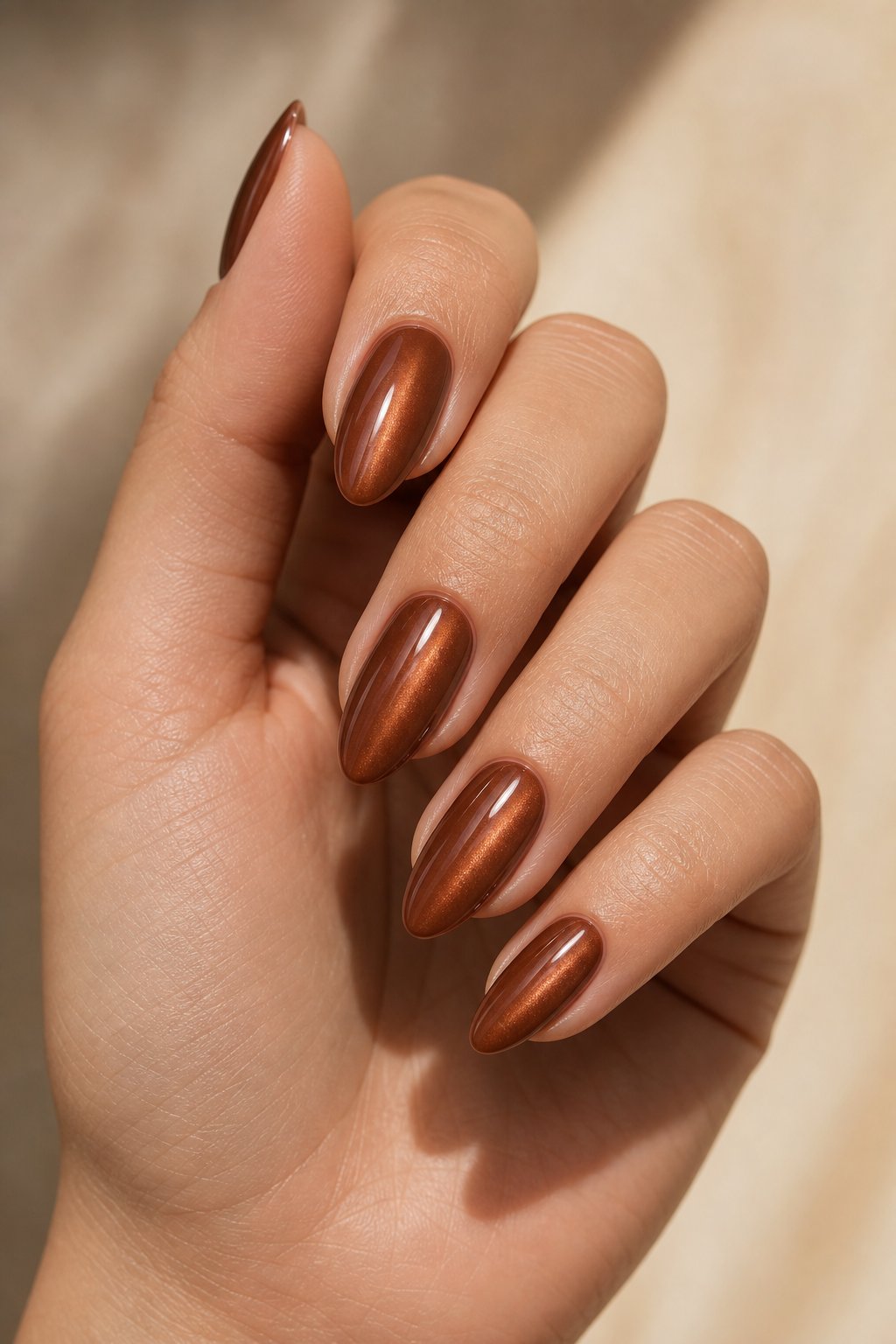 Close-up of a hand with glossy cinnamon-brown almond-shaped nails.