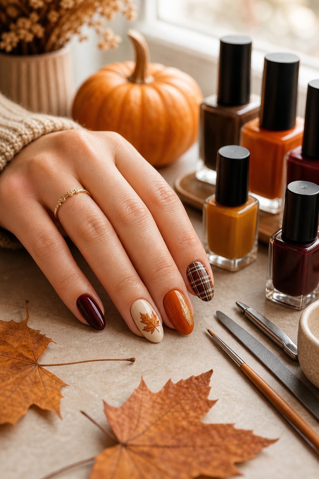 A hand with an autumn-themed manicure rests beside nail polish bottles, manicure tools, dried leaves, and a small pumpkin.