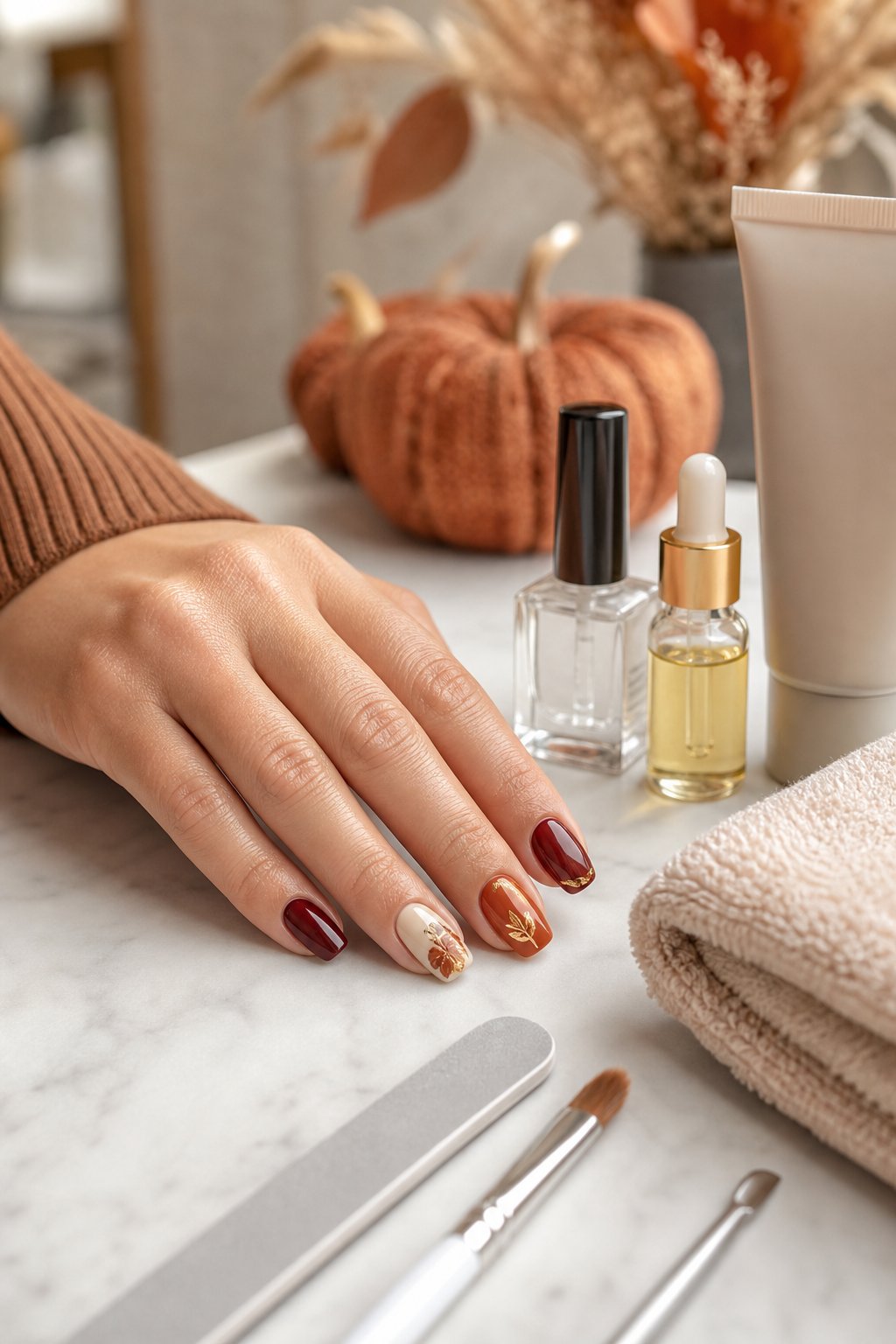 A hand with an autumn manicure rests beside nail care supplies on a clean manicure table.