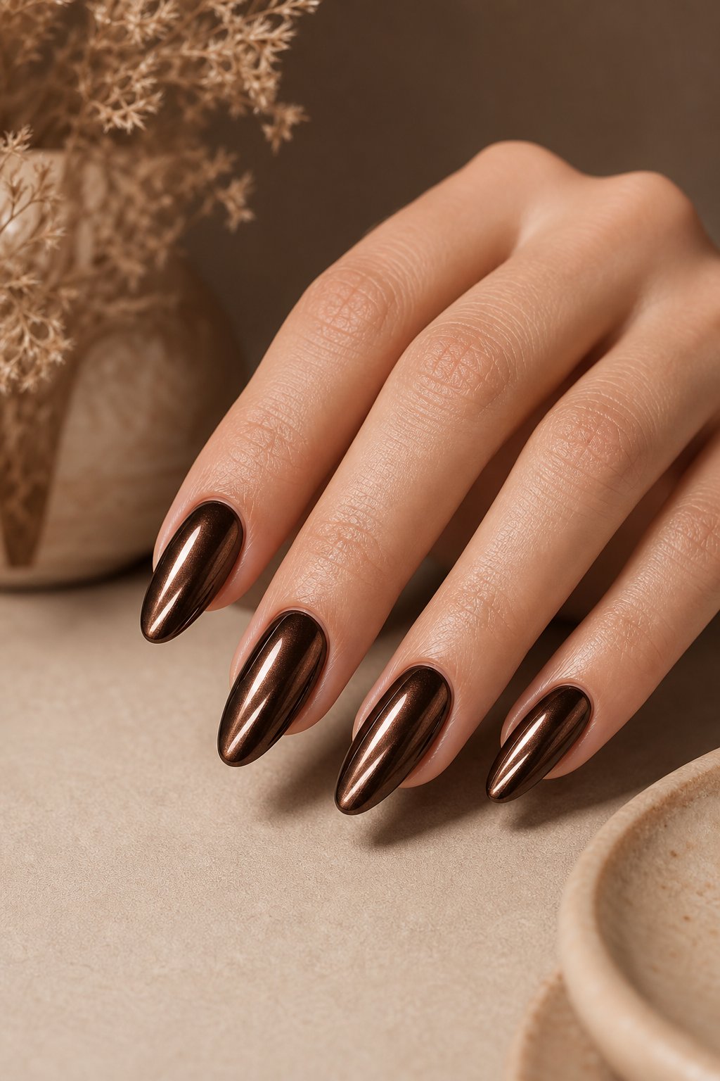 A hand with glossy espresso-brown almond-shaped nails rests on a neutral surface.