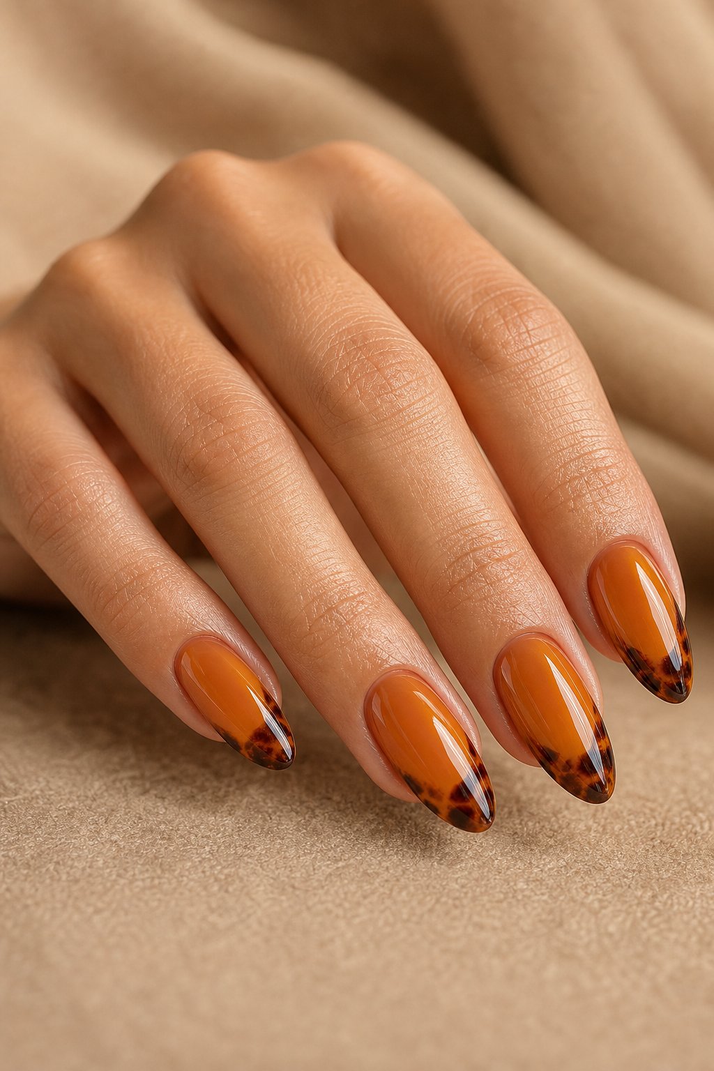 A hand with glossy amber nails featuring tortoiseshell French tips.