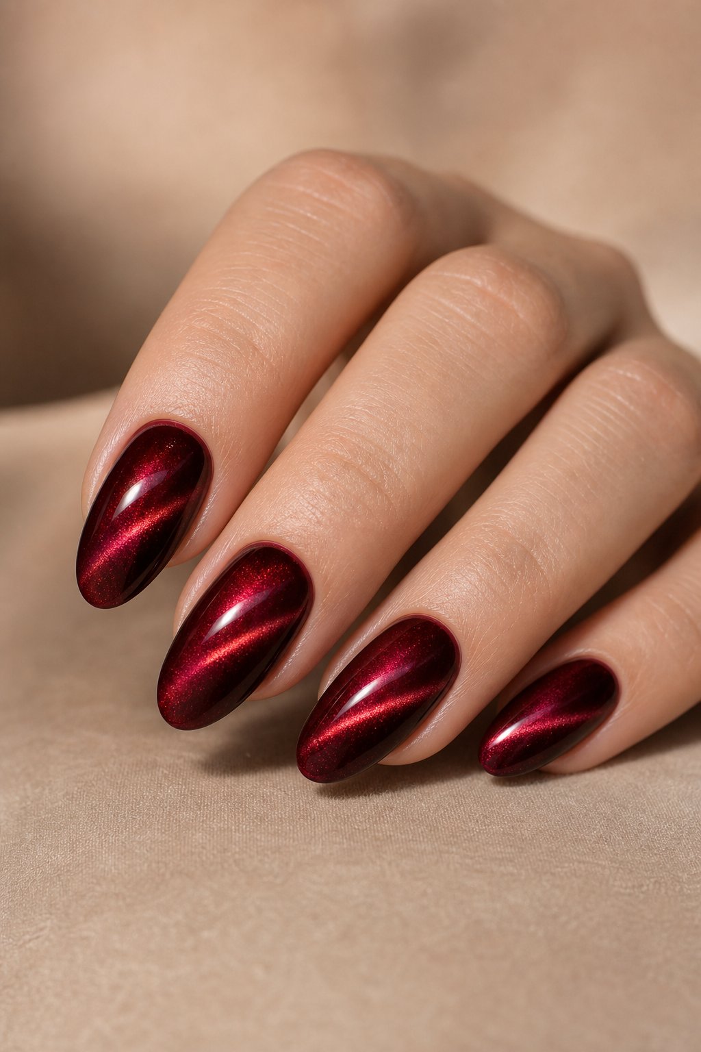 A hand with glossy cranberry red cat-eye manicure resting on a neutral surface.