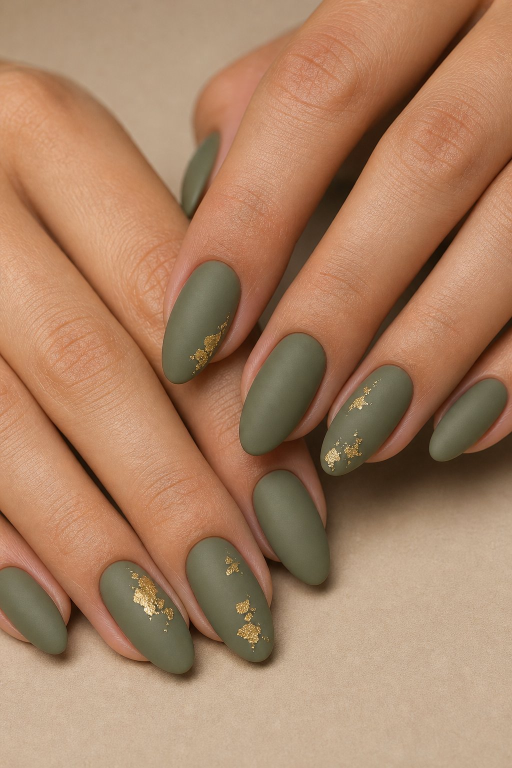Close-up of almond-shaped matte olive green nails with delicate gold leaf accents.