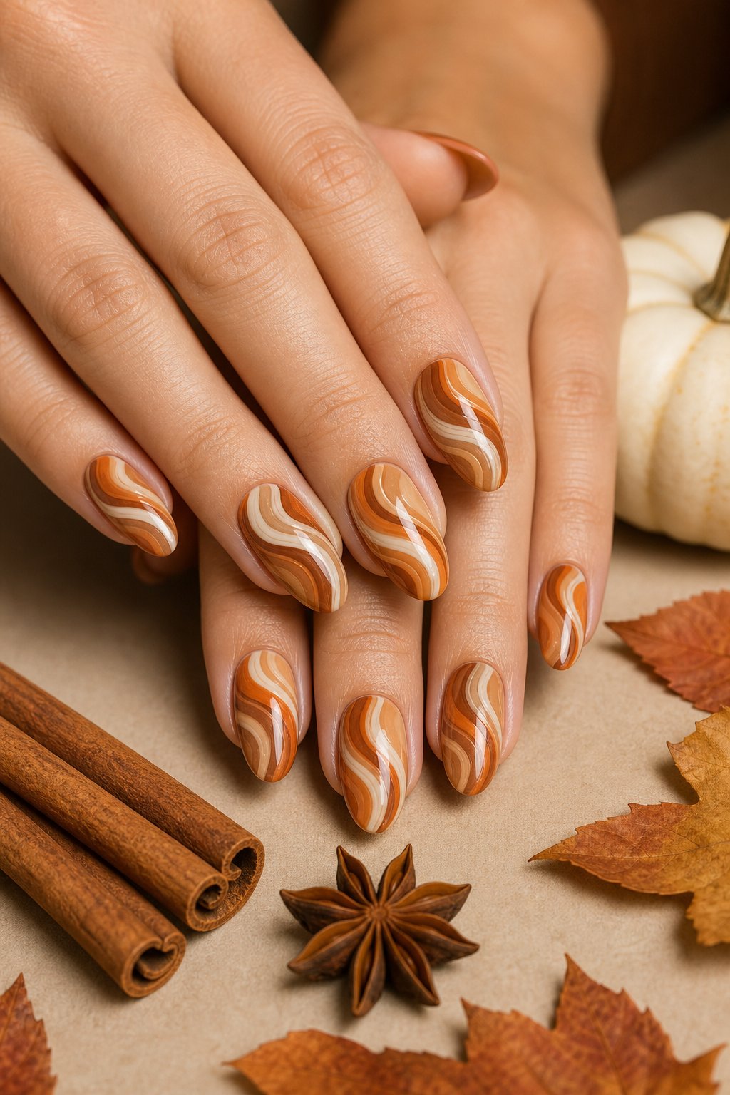 A close-up of manicured hands with pumpkin-orange and beige swirling nail designs beside autumn spices and a small pumpkin.