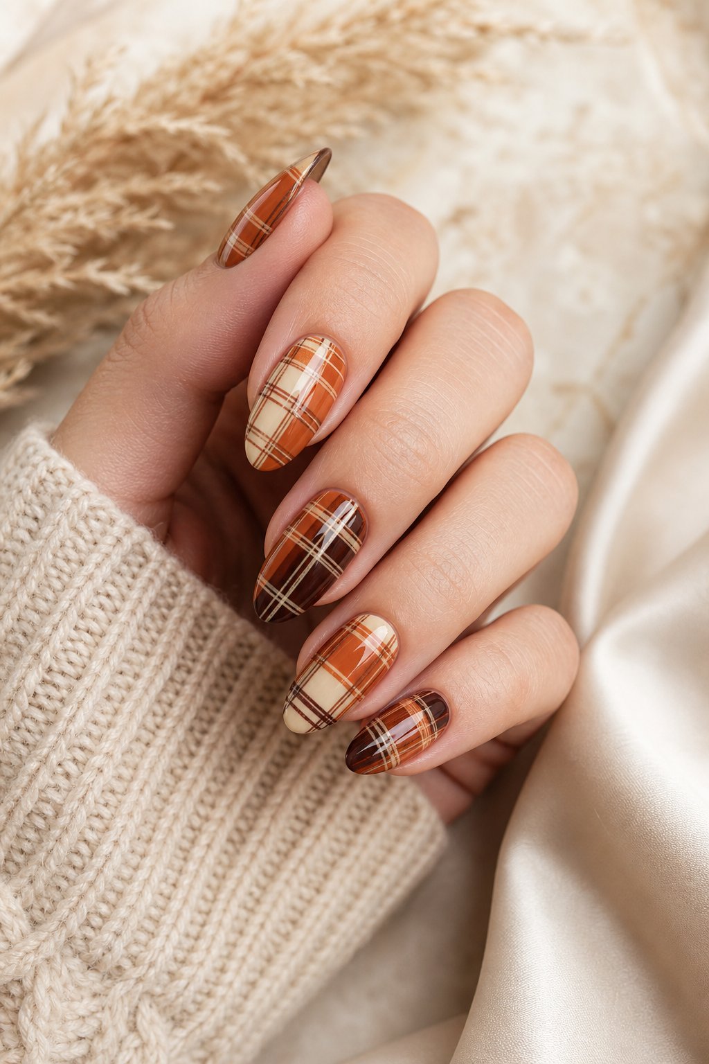 A hand with rust, cream, and chocolate brown plaid nail designs.