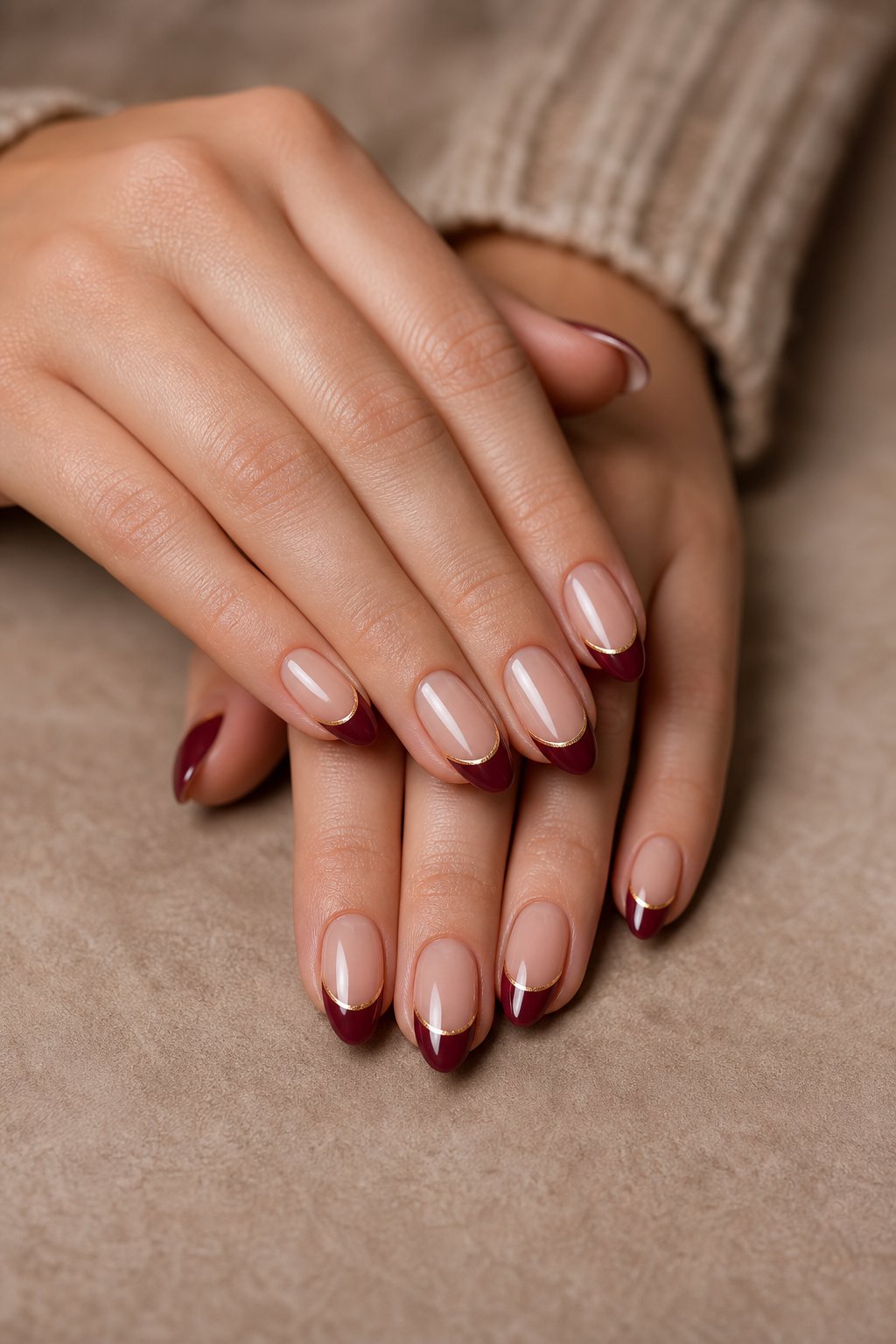 A pair of hands displaying burgundy French-tip nails with thin gold lines.