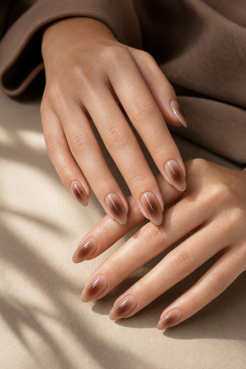 Two hands display glossy mocha-brown aura manicured nails with darker cocoa centers.