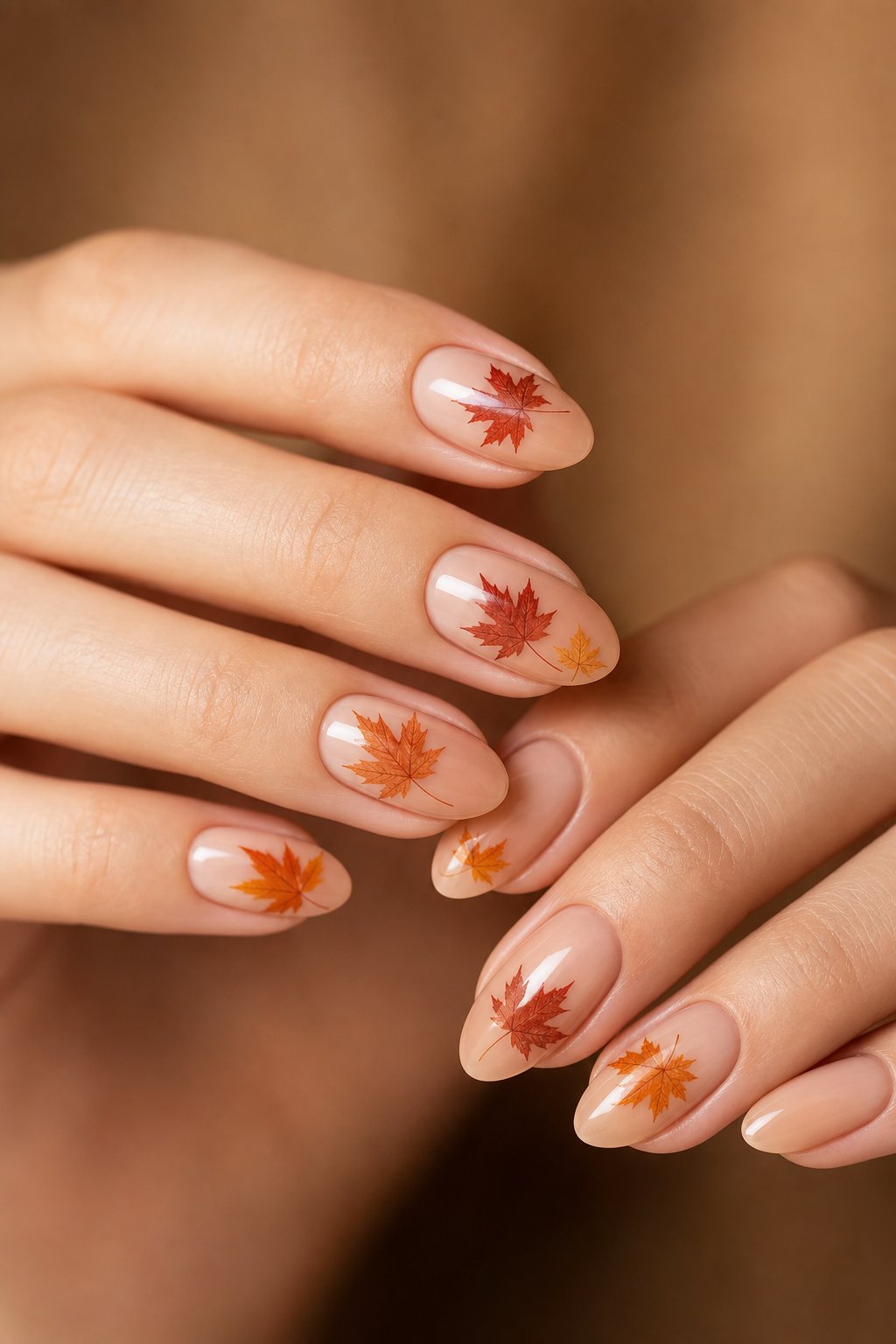 A close-up of manicured hands with sheer nude nails decorated with colorful maple leaf designs.