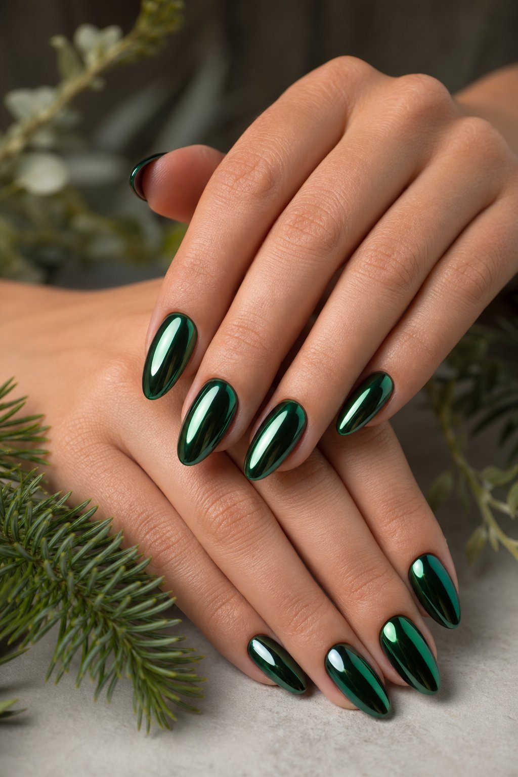 A hand displays glossy forest green chrome-painted almond-shaped nails against a neutral background.